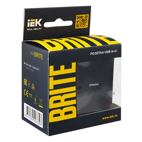 BRITE Розетка USB A+C 18Вт РЮ11-1-БрЧ черный IEK