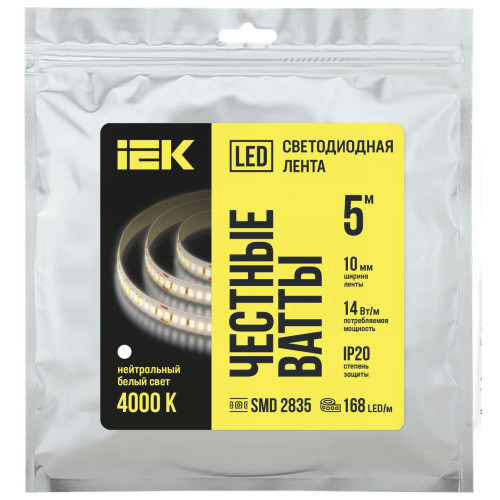 Лента светодиодная 5м SMD2835 168LED/м 14Вт/м IP20 ширина 10мм 24В нейтральный белый IEK