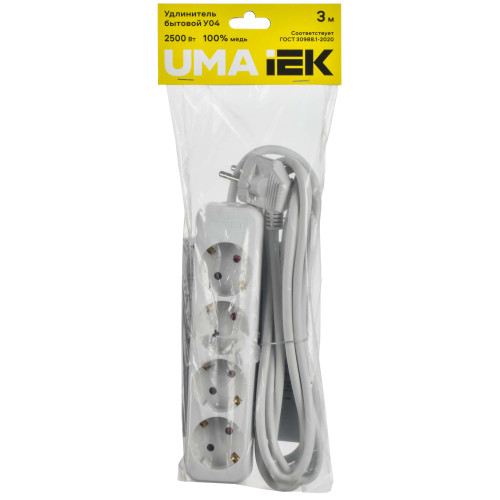 UMA Удлинитель У04 4 места 2P+PE 3м 3х1мм2 10А белый IEK