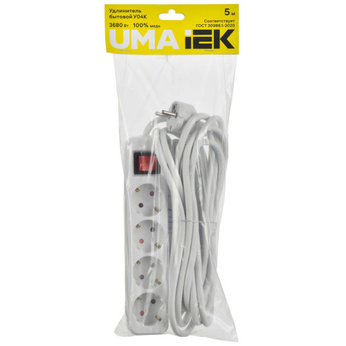 UMA Удлинитель У04К 4 места 2P+PE 5м 3х1,5мм2 16А белый IEK