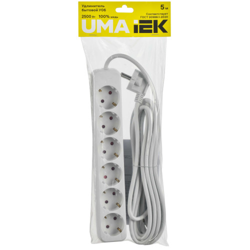 UMA Удлинитель У06 6 мест 2P+PE 5м 3х1мм2 10А белый IEK