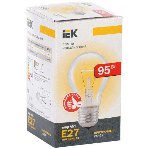 Лампа накаливания A55 шар прозрачная 95Вт E27 IEK