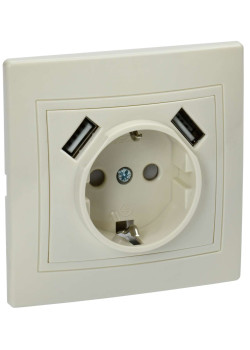 KVARTA Розетка с заземлением с защитными шторками 16А USBх2 2,1А РЮш10-1-ККм кремовый IEK