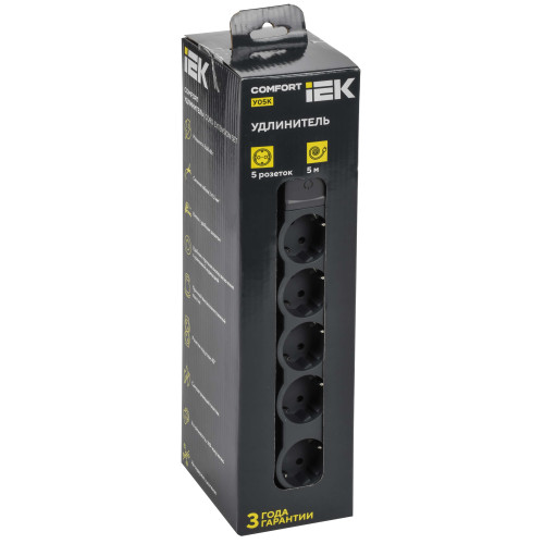 COMFORT Удлинитель У05К 5 мест 2P+PE 5м 3х1,5мм2 16А черный IEK