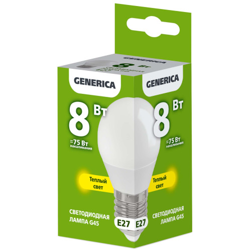 Лампа светодиодная G45 шар 8Вт 230В 3000К E27 GENERICA