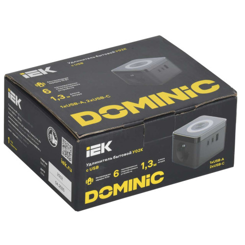 DOMINIC Удлинитель с беспроводной зарядкой 10Вт У02К 2 места 2P+PE 1,3м 3х1,0мм2 16А/250В USB A+C черный IEK DOMINIC Удлинитель с беспроводной зарядкой 10Вт У02К 2 места 2P+PE 1,3м 3х1,0мм2 16А/250В USB A+C черный IEK