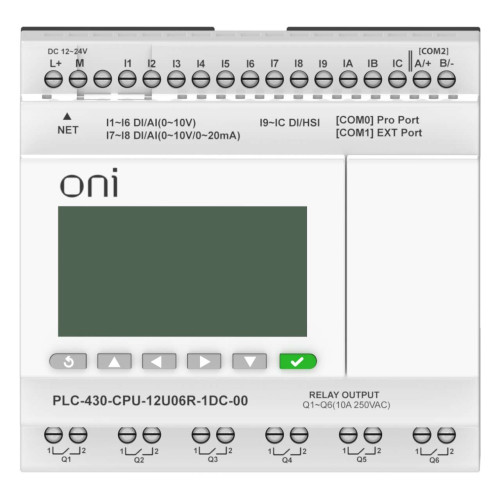 ПЛК 430 Модуль ЦПУ 4 DI 6 UI (0-10 В/DI) 2 UI (0-10 В/0-20 мА/DI) 6 RO 24В DC с Ethernet портом с экраном ONI