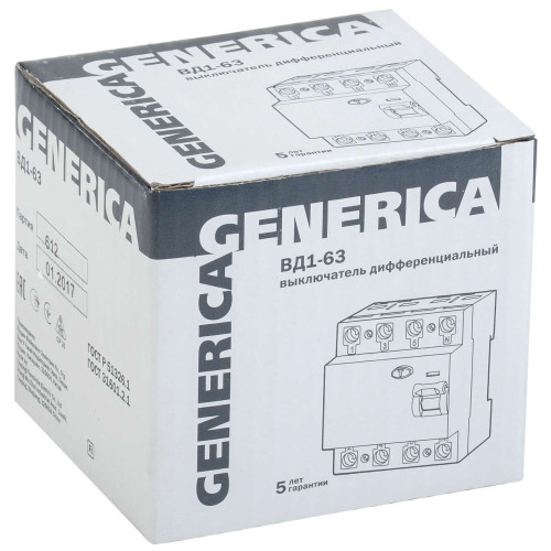 Выключатель дифференциальный (УЗО) ВД1-63 4Р 63А 30мА GENERICA