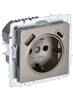 BRITE Розетка 1-местная с заземлением с защитными шторками 16А с USB A+C 18Вт РЮш11-1-БрШ шампань IEK