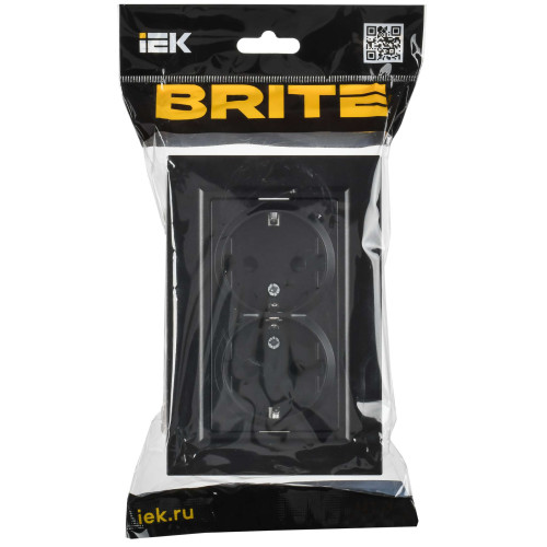 BRITE Розетка 2-местная с заземлением с защитными шторками плоская 16А в сборе РСшПл12-3-БрЧ черный IEK