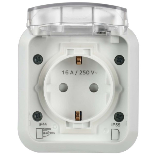 TORS Розетка 1-местная заземляющим контактом и крышкой 16А IP55 TS320 белый IEK