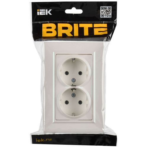 BRITE Розетка 2-местная с заземлением без защитных шторок плоская 16А в сборе РСПл12-3-БрЖ жемчуг IEK