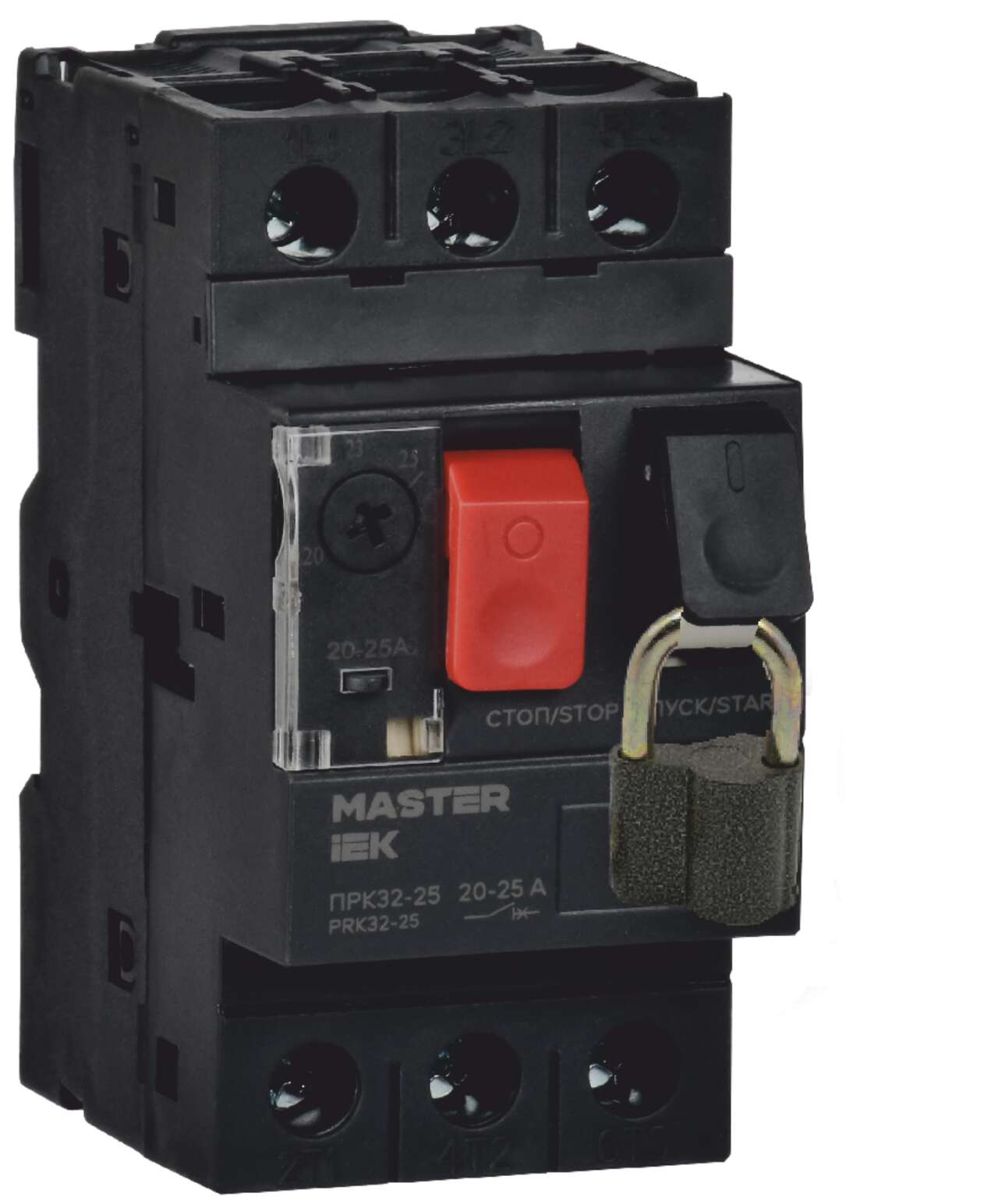 Устройство блокировки включения пускателя с помощью навесного замка.